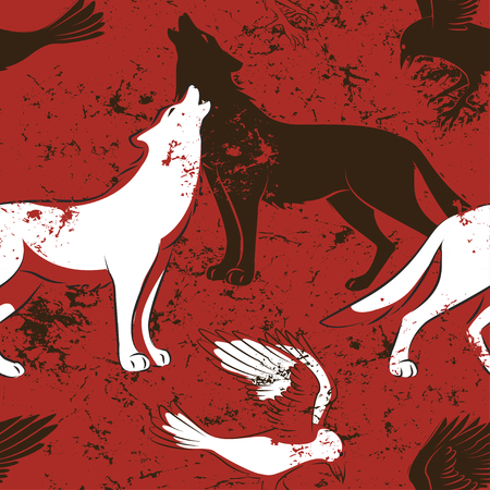 Halloween seamless pattern with raven bird and wolf on red background.のイラスト素材