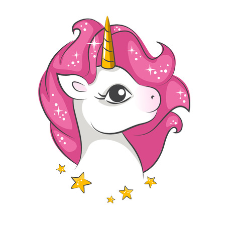 Cute little pink magical unicorn. Vector design on white background. Print for t-shirt. Romantic hand drawing illustration for children.のイラスト素材