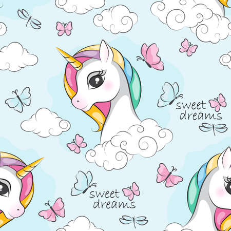 Seamless pattern of cute little magical unicorn, clouds and butterfly. Colorful illustration for children wallpaper textile and gift paper.のイラスト素材