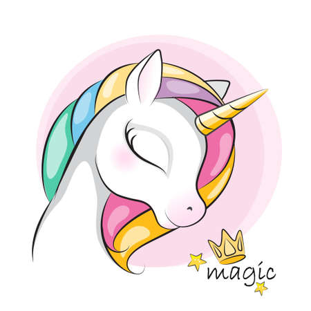 Portrait of cute unicorn .Beautiful picture for your design. Children background. Magic pony. Hand drawn illustration on white. Isolated.のイラスト素材