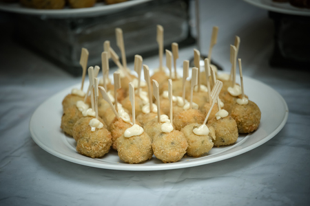 shrimp ball fried serve with mayonnaise and bamboo stick for party