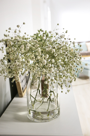 a glass vase of gypsophila put on the side board desk in living roomの写真素材
