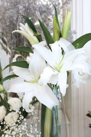a glass vase of lilies and another flowers put near a curtain wall for decoratedの写真素材