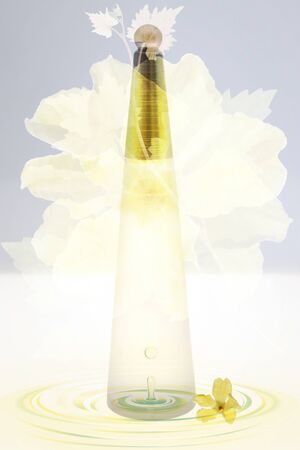 a modern triangle shape bottle is shooting with a little yellow flower on the white background and there is flower bloom and water drop in double exposedの写真素材