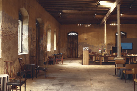 a lot of chairs, tables and display stand are arranging in abandoned antique building for shootingの写真素材