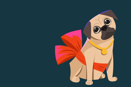 Vector pug, bulldog sits with a bow on his back. Cute puppy as a gift.のイラスト素材
