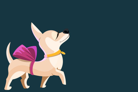 Vector cute chihuahua dog with a bow on his back. Adorable puppy is coming. Raised paw. Arrogant dog.のイラスト素材