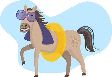 vector summer horse in purple glasses and a towel, with an inflatable ringのイラスト素材