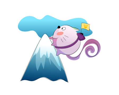 Vector round cat climbs a high mountain. A brave cat conquers the top of the mountain under the clouds. Cheerful cat traveler raises the flag to the mountain.のイラスト素材