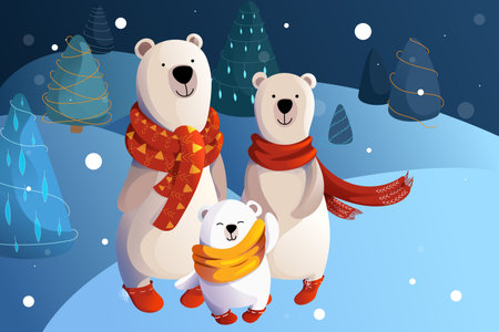 Vector family of bears. Parents in red scarves, baby bear cub in an orange scarf are smiling. Against the backdrop of a winter New Year's Eve evening forestのイラスト素材