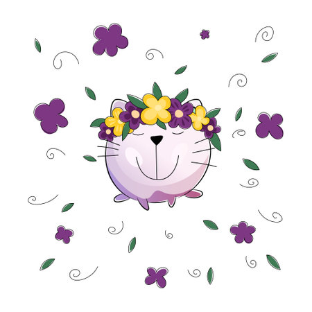 Cheerful vector round cat. A smiling cat sits on a background of purple flowers and green leaves and curlicues. Summer flower cat. Summer bright wreath of flowers on the cat's headのイラスト素材