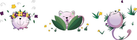 Vector abstract round cat. A colored cat in summer, holds bright flowers on its head, hides behind leaves, sniffs a flower, lies on the grass and holds a flower.のイラスト素材