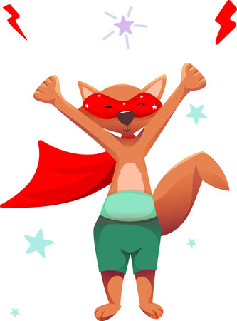 Vector cheerful brave fox raised his hands up, ready to protect and save everyone. Red fox in green shorts, red mask and red capeのイラスト素材