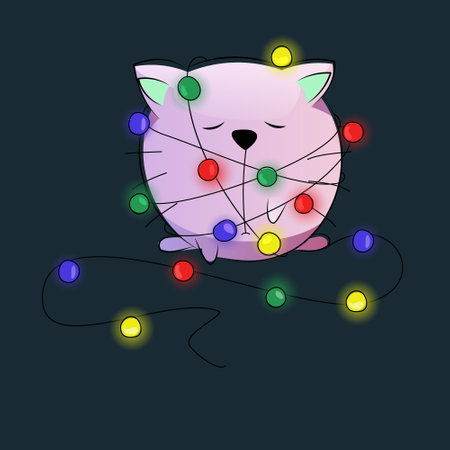 vector upset cat. Round abstract cat entangled in a New Year's garland. sad cat.のイラスト素材