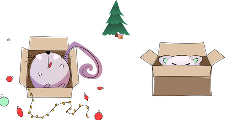 Vector abstract round cat. Prankster cat is hiding in a box. Looks out of the box. The cat is in the box. I threw the garland and Christmas decorations out of the box.のイラスト素材