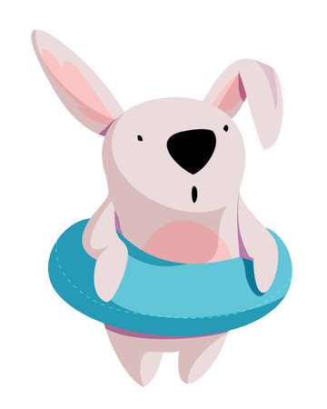 Vector cute cowardly hare is afraid to swim. Stands with an inflatable blue circle.のイラスト素材