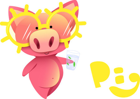 Vector pink pig in yellow sunglasses holding a glass in his handのイラスト素材