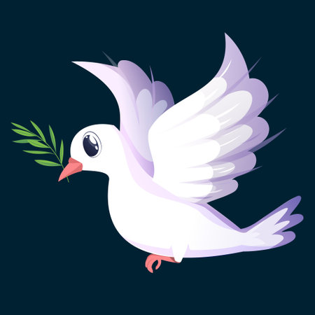 Vector white dove with an olive branch in its beak soars in the sky. The dove of peace flaps its magnificent wingsのイラスト素材