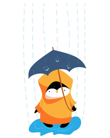 Vector cute penguin in an orange raincoat stands in a puddle under an umbrella. autumn rain weather. The rain pours like a bucket.のイラスト素材
