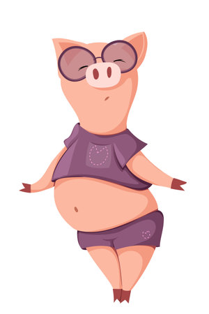 Vector fashionable anthropomorphic pig. A cute, charming pig is standing on its paws in a purple top and short shorts and sunglasses, with a big belly.のイラスト素材