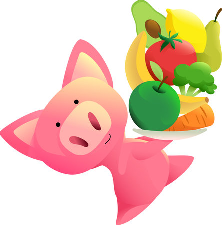 vector pink pig carries a plate of fruitのイラスト素材