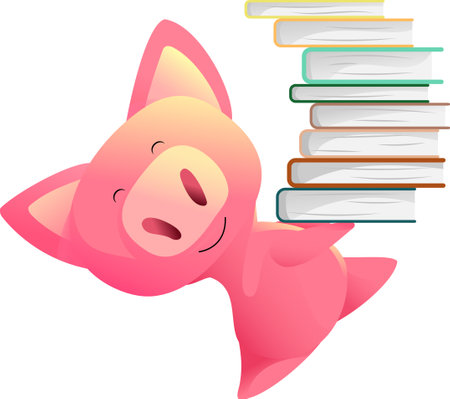 Vector pink pig walks, holds books in its pawsのイラスト素材