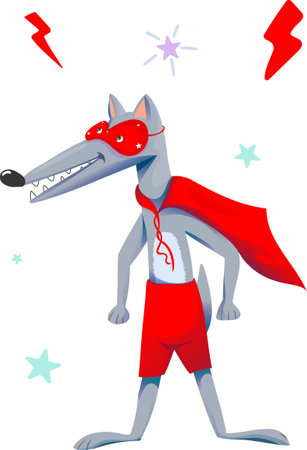 Vector wolf superhero in a red mask, red cape and red shorts, smiling, cheerfulのイラスト素材