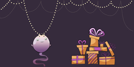 Vector round cat hanging on a garland. The cat is barely holding on to the luminous garland. There are a lot of Christmas gifts. New Year's beautiful boxes in the same style.のイラスト素材