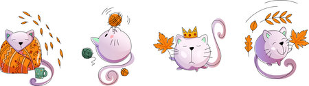 Vector autumn cats. Round cat-ball. The cat is wrapped in a blanket, drinking hot tea. Plays with a ball of thread. The cat is holding an autumn leaf.のイラスト素材