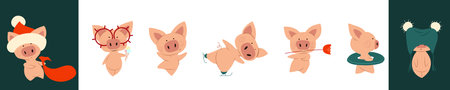 Vector cute little pigs, wearing glasses, holding ice cream, skating, dancing with a flower, going swimming, wearing a lowered hat, dragging a New Year's bagのイラスト素材