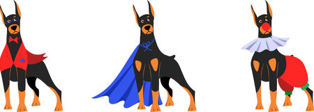 Vector doberman in clothes. Home pet in funny clothes. A dog in a clown costume, in a blue raincoat, a business dog in a red jacket with a handkerchief and a butterfly around his neck.のイラスト素材