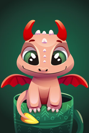 Vector cute beige dragon with red wings, horns and big green eyes sits in a mug and looks at you. Smiling dragon.のイラスト素材