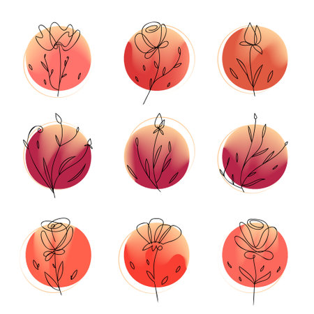 Vector set with floral print. Linear black flowers on bright colored circles.のイラスト素材