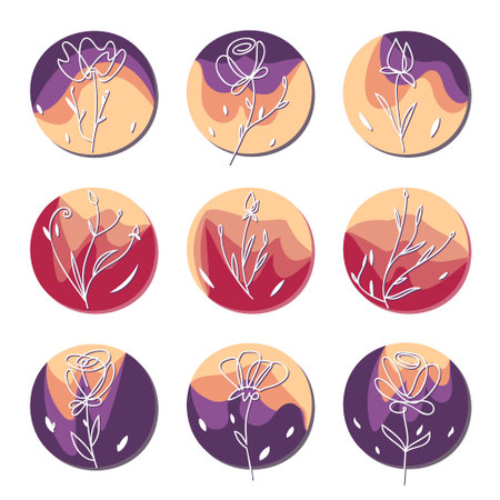 Vector set with floral print. Linear white flowers on brightly colored circles. cut paper effect.のイラスト素材