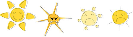 Vector bright yellow sun in different moods, cheerful, sad, joyful, angryのイラスト素材