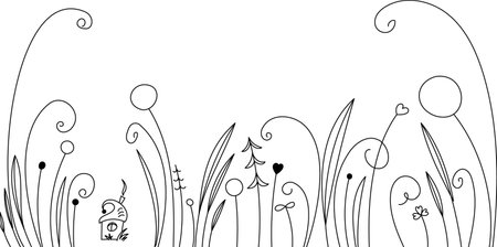 Vector linear abstract magic glade. Unusual plants, flowers, stems, grass. microcosm. children's fairy taleのイラスト素材