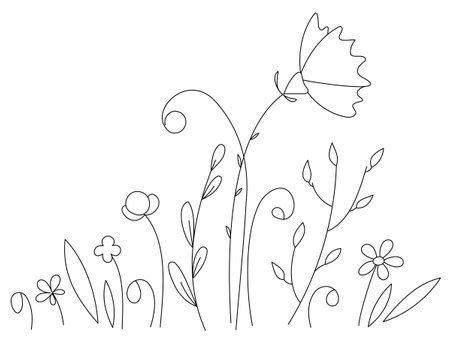 Vector linear hand drawn summer bush. Abstract simple floral background for postcards, congratulations, invitations. Delicate summer spring edgeのイラスト素材