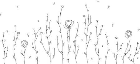 vector linear field. Flower meadow with growing and flying leaves.のイラスト素材
