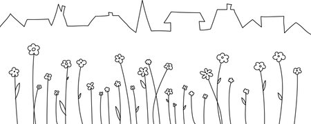 Vector linear background with cute simple flowers, line of house roofs on the horizon.のイラスト素材