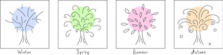 Linear vector abstract trees of the seasons, winter, spring, summer and autumn. Minimalistic set, paintings, nature background.のイラスト素材