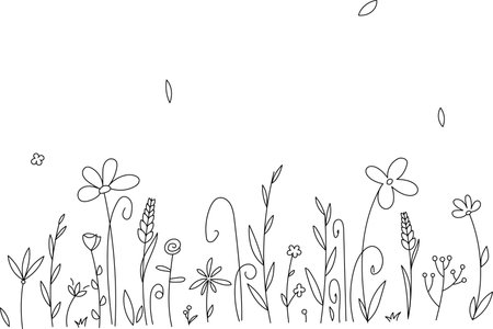 Vector linear floral hand drawn field. Beautiful floral background for postcards, congratulations, invitations. Gentle, spring meadow.のイラスト素材