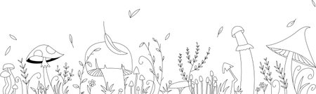Vector linear forest background. Cute abstract plants. Mushrooms, grass, flowers, leaves. forest glade in autumn. leaf fall.のイラスト素材