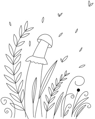 Vector linear background of forest plants. Large mushroom with a small cap. Plants, curls, flowers. Leaves are flying.のイラスト素材