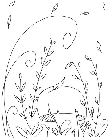 Vector linear background of forest plants. Mushroom with a large cap. Plants, curls, flowers. The leaves are flying.のイラスト素材