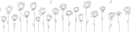 Vector floral background. Single-line flowers lined up in a row, of different heights. Blossoming budsのイラスト素材