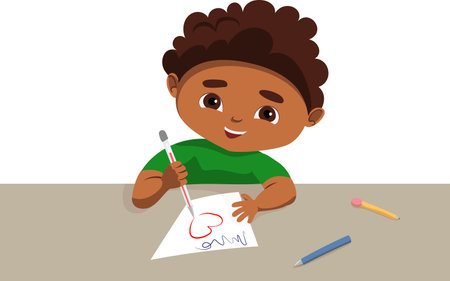 Vector dark-skinned boy with green eyes in a green t-shirt sits at a table, draws a heart on a piece of paperのイラスト素材