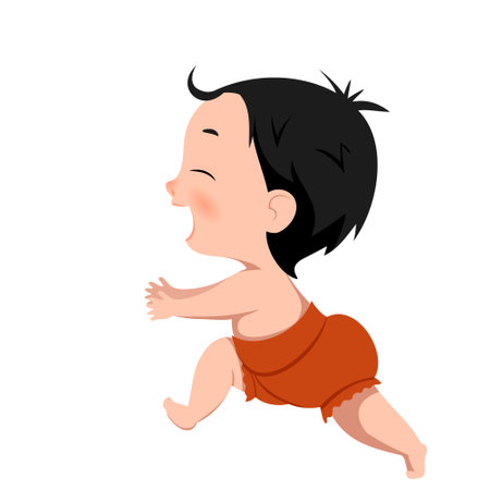 Vector little happy child runs, takes the first steps. A light-skinned, dark-haired baby in a diaper runs towards the meeting.のイラスト素材