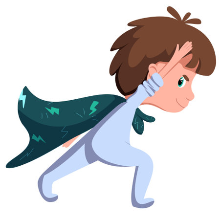 Vector funny baby in blue pajamas is going to bed. The boy is getting ready for bed. A child with a blanket on his back plays superhero.のイラスト素材