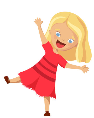 A cheerful blonde girl with blue eyes stands on one leg, waving her hand. Good to see you, welcome. Baby in a red dress.のイラスト素材