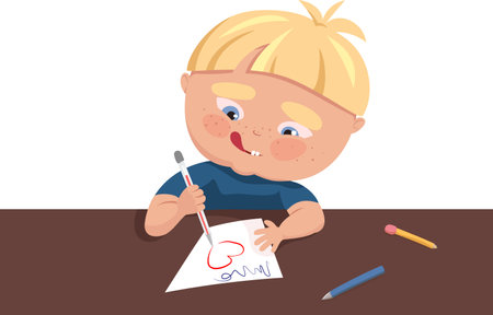 Vector boy in a blue t-shirt, blond with blue eyes, sits at a table, draws a heart on a piece of paperのイラスト素材